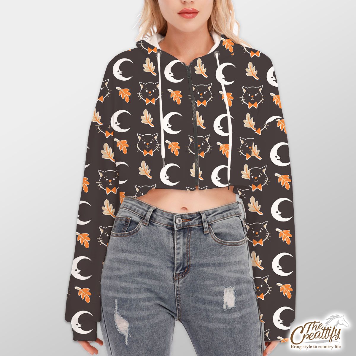 Black Cat With Fall Leaves And Moon Halloween Hoodie With Zipper Closure