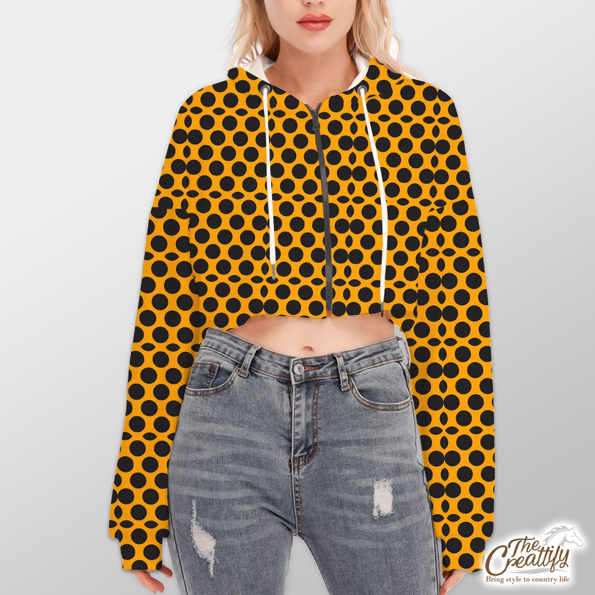 Black Dot On Yellow Background Halloween Hoodie With Zipper Closure