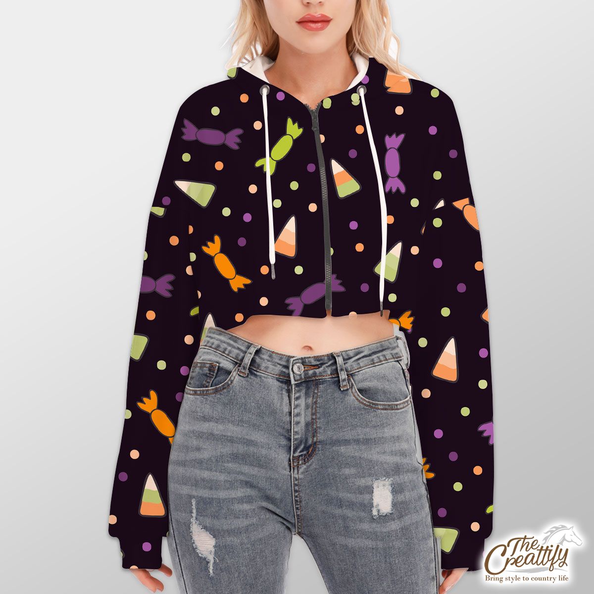 Black Halloween Candy Seamless Pattern Hoodie With Zipper Closure