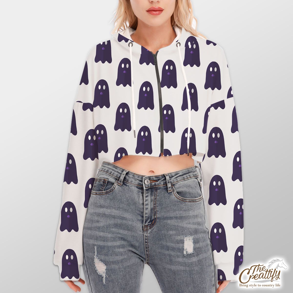 Cute And Funny Purple Boo Ghost Halloween Hoodie With Zipper Closure