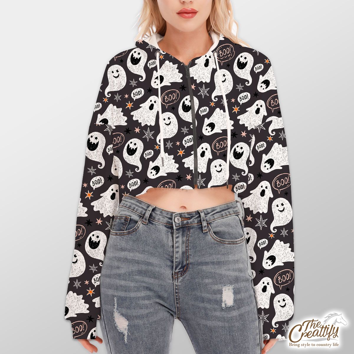Cute Ghost On The Halloween Background Hoodie With Zipper Closure