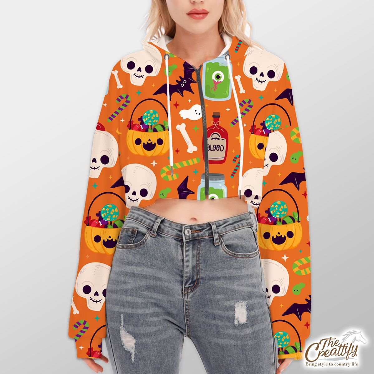 Cute Pumpkin, Jack O Lantern Full of Candy, Witch Potions and Bat Orange Halloween Hoodie With Zipper Closure