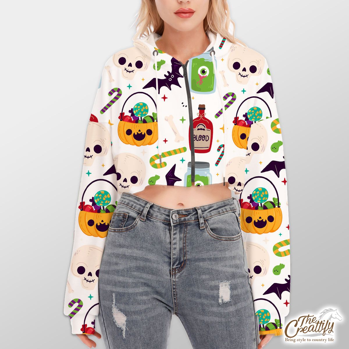 Cute Pumpkin, Jack O Lantern Full of Candy, Witch Potions and Bat White Halloween Hoodie With Zipper Closure