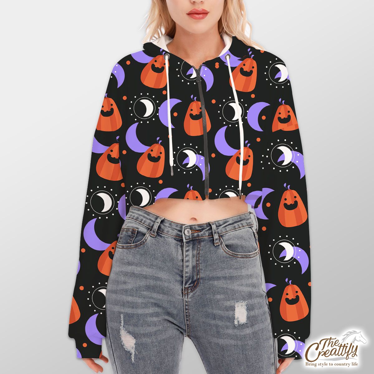 Funny Pumpkin Carving With Crescent Moon Halloween Hoodie With Zipper Closure
