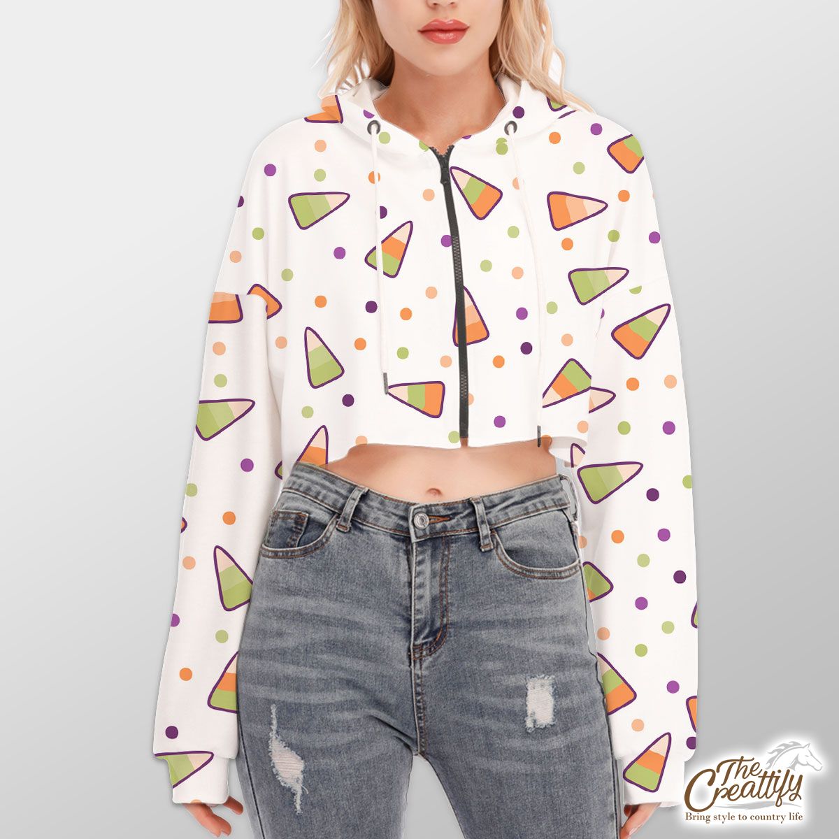 Halloween Candy Seamless Pattern With Polka Dot Hoodie With Zipper Closure