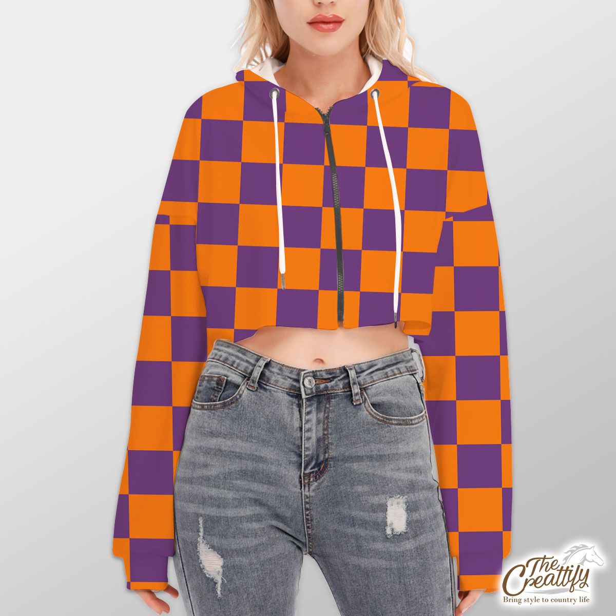 Halloween Orange and Purple Square Seamless Pattern Hoodie With Zipper Closure