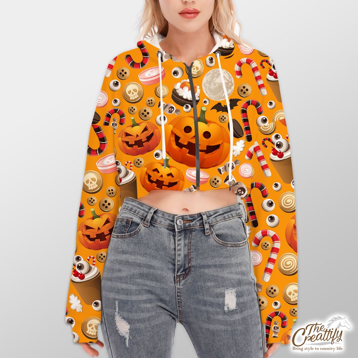 Halloween Party Food On Orange Background Hoodie With Zipper Closure