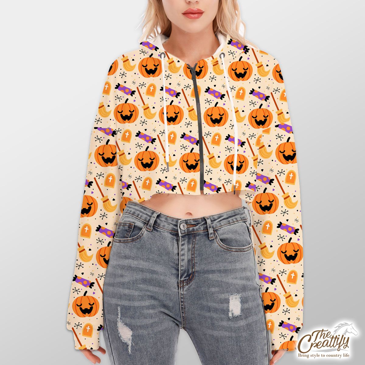 Halloween Pumpkin Face, Jack O Lantern, Candy Halloween, Witch Broom Orange Hoodie With Zipper Closure