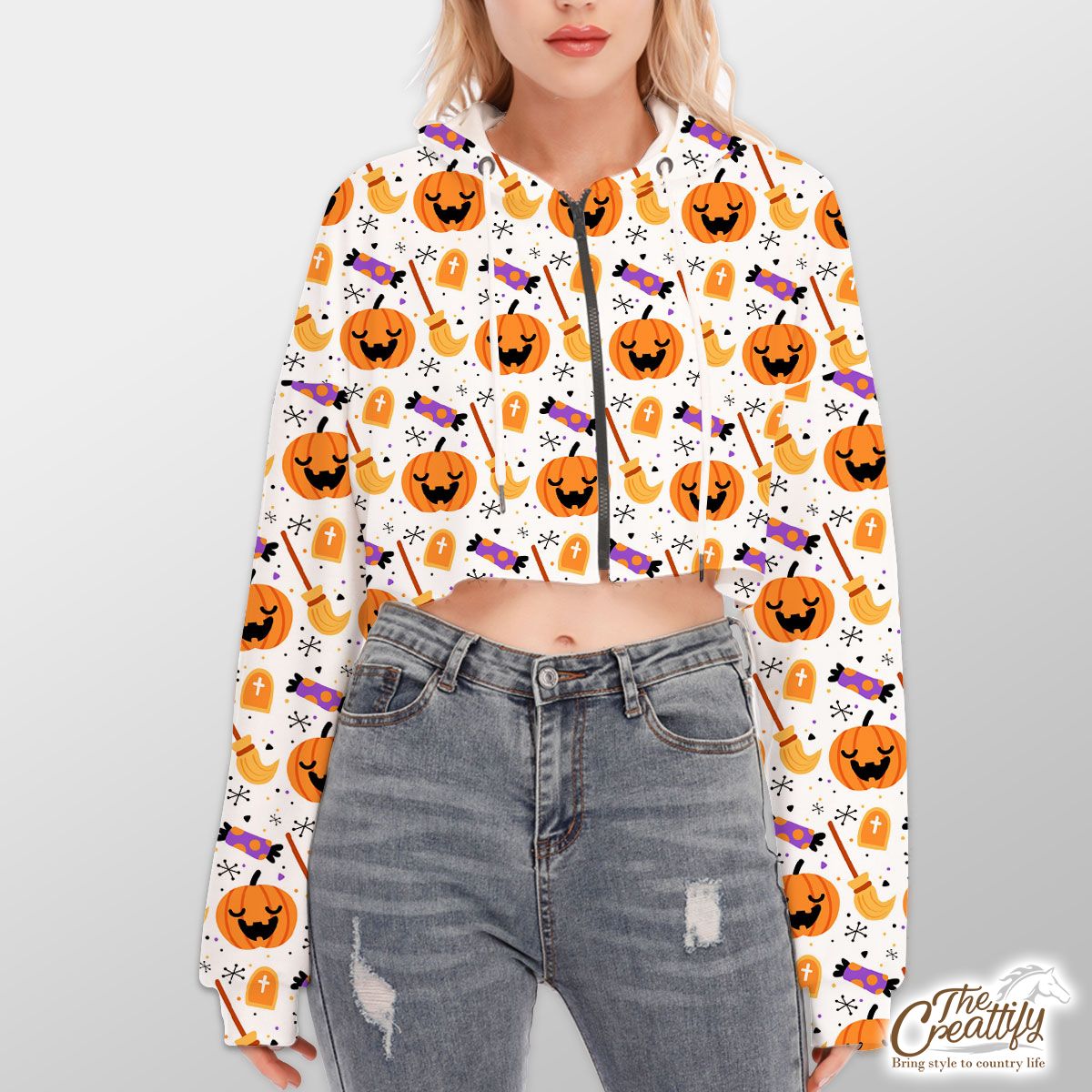 Halloween Pumpkin Face, Jack O Lantern, Candy Halloween, Witch Broom White Hoodie With Zipper Closure