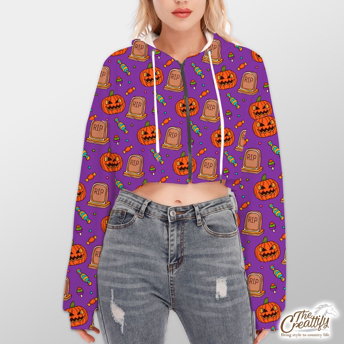 Halloween Scary Pumpkin Face With Headstone And Candy Hoodie With Zipper Closure