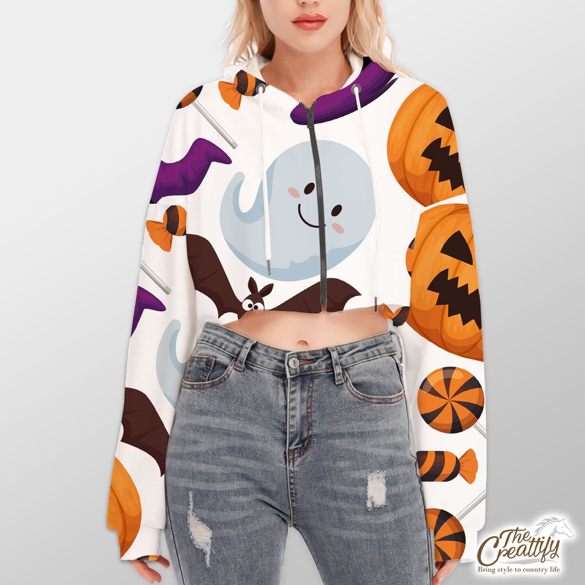 Happy Halloween With Cartoon Bat, Cute Ghost, Scary Pumpkin Face And Halloween Candy Hoodie With Zipper Closure