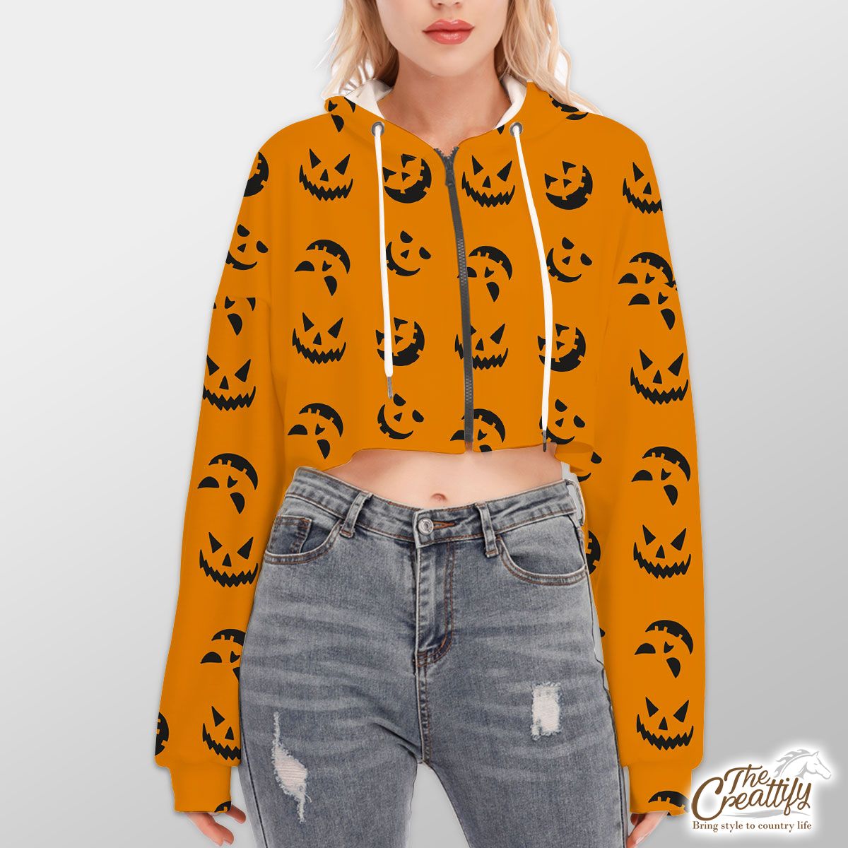 Scary Face On The Orange Color Background Halloween Hoodie With Zipper Closure