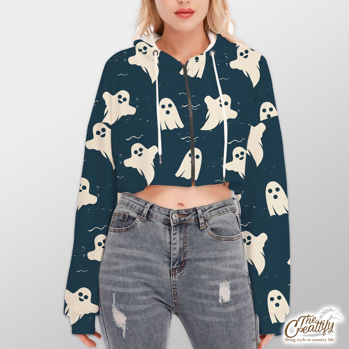 Scary Halloween Ghosts Seamless Pattern Blue Boo Hoodie With Zipper Closure