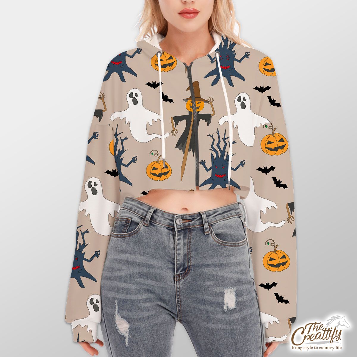 Scary Halloween Straw Scarecrow With Hat Pumpkin and Ghost Hoodie With Zipper Closure