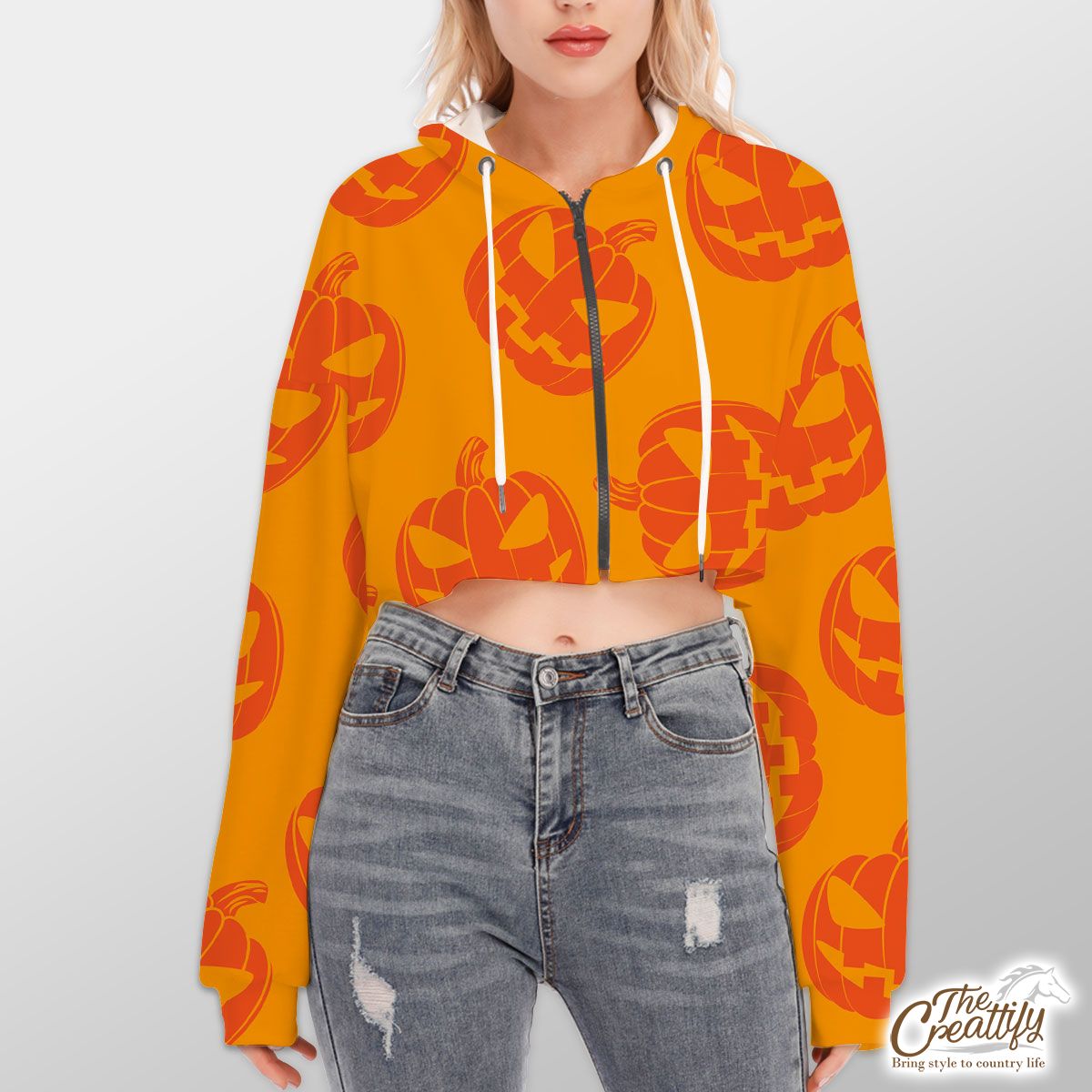 Scary Pumpkin Face On The Orange Color Background Halloween Hoodie With Zipper Closure