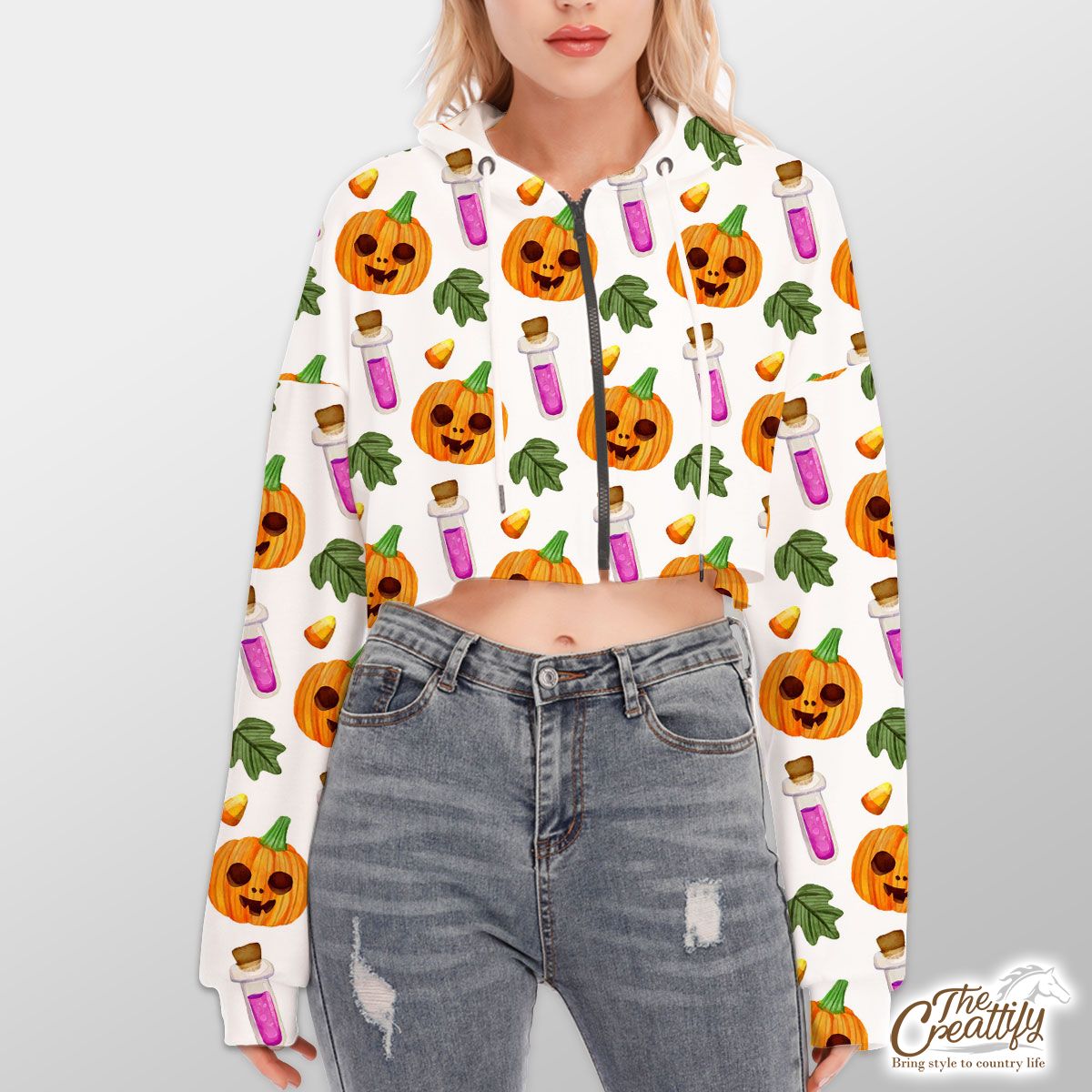 Scary Pumpkin Face and Witch Potions White Halloween Hoodie With Zipper Closure