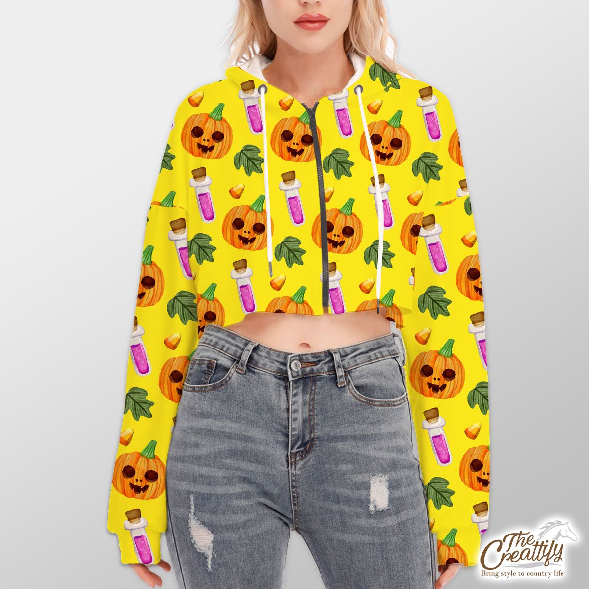Scary Pumpkin Face and Witch Potions Yellow Halloween Hoodie With Zipper Closure