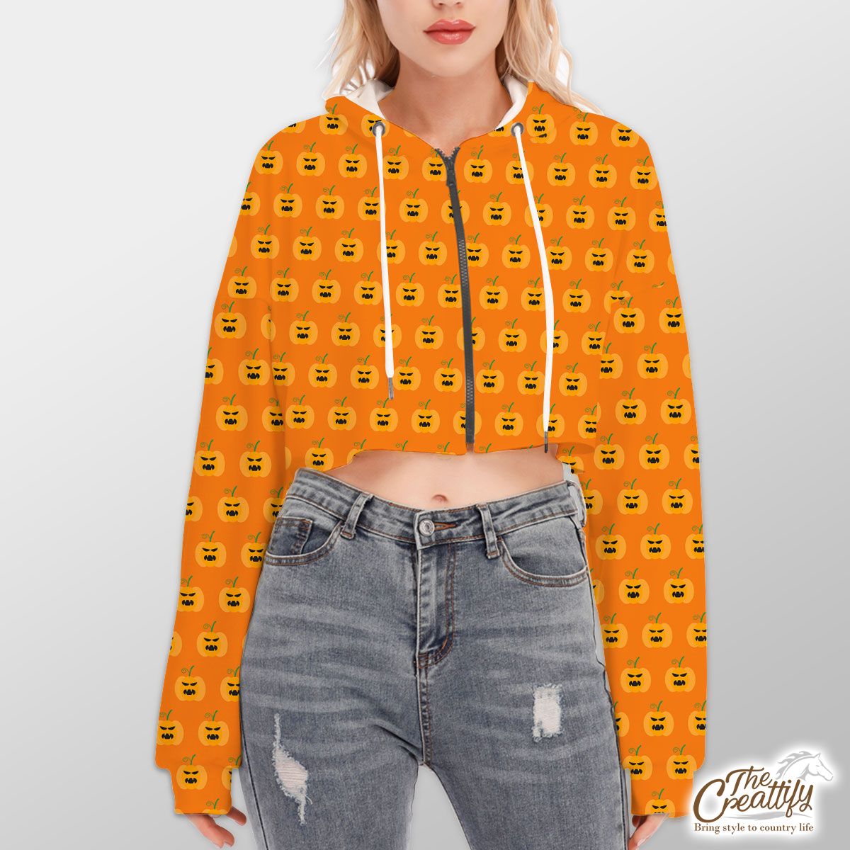 Scary Pumpkin Faces On Halloween Background Hoodie With Zipper Closure