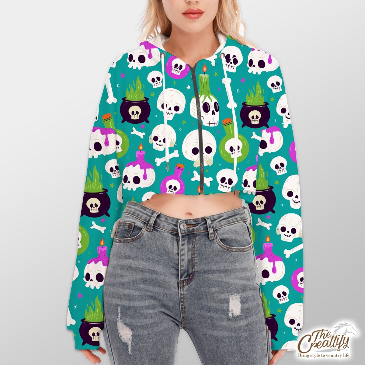 Skull, Funny Skull, Witch Cauldron and  Halloween Skeleton Blue Hoodie With Zipper Closure