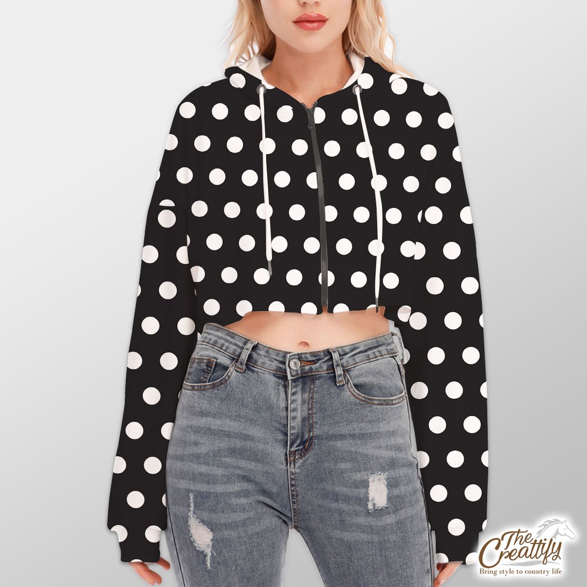 White Dot Pattern On Black Background Halloween Hoodie With Zipper Closure