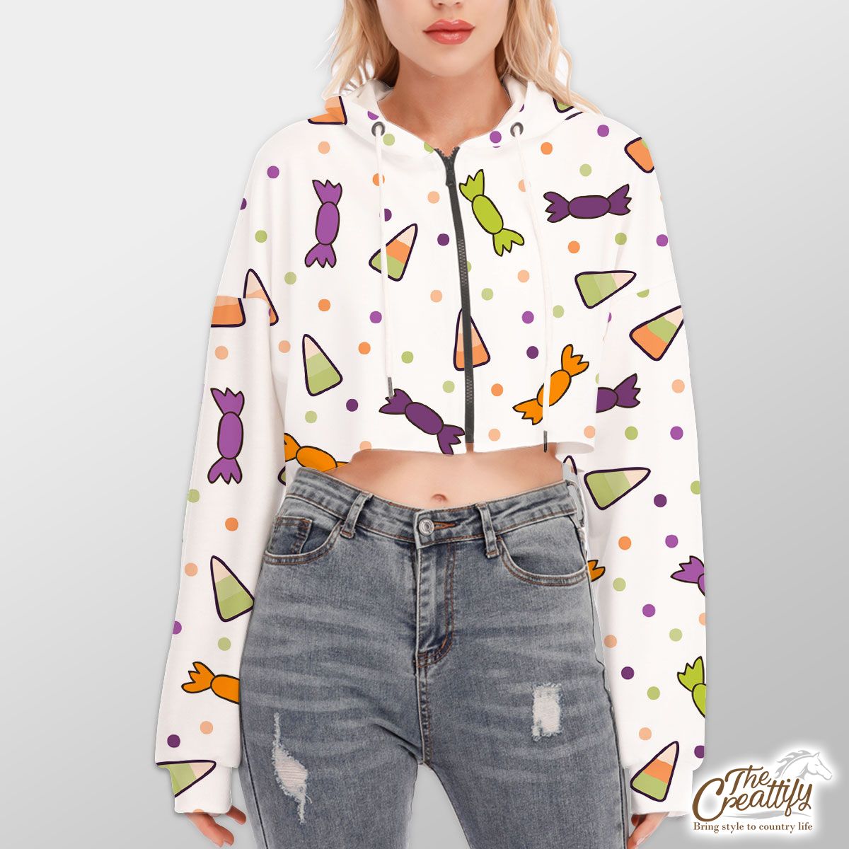 White Halloween Candy Seamless Pattern Hoodie With Zipper Closure