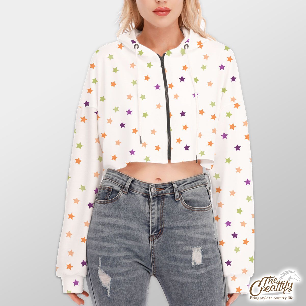 White Halloween Seamless Pattern With Stars Hoodie With Zipper Closure