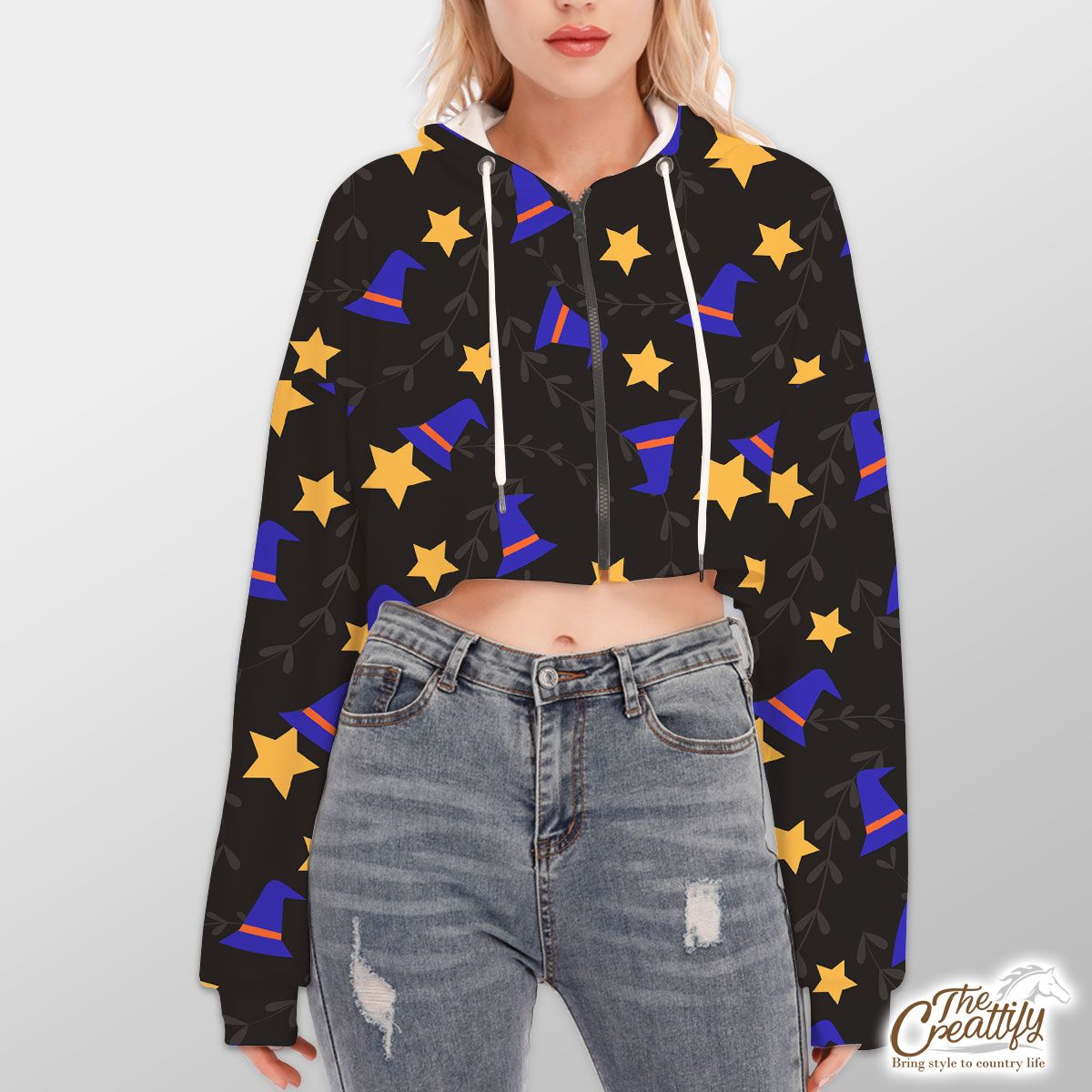 Witch Hat And Yellow Star Halloween Hoodie With Zipper Closure