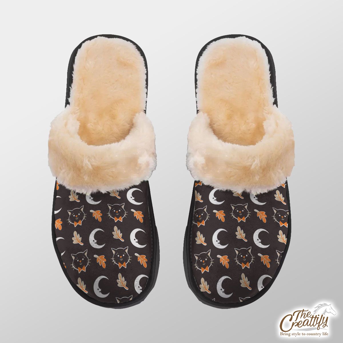 Black Cat With Fall Leaves And Moon Halloween Home Plush Slippers