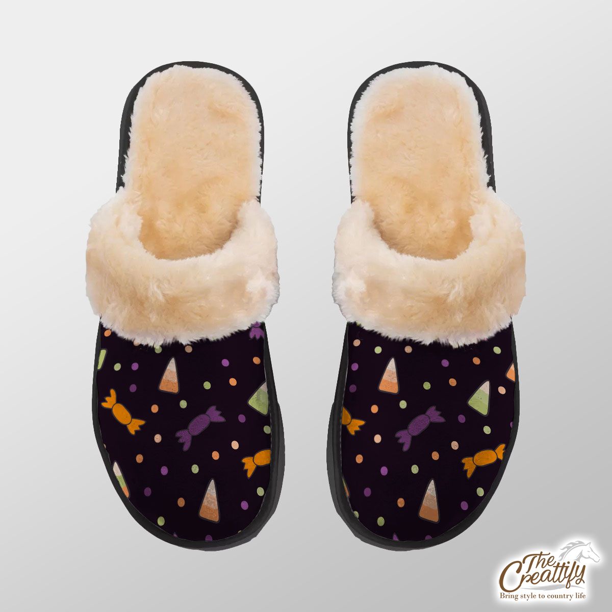 Black Halloween Candy Seamless Pattern Home Plush Slippers