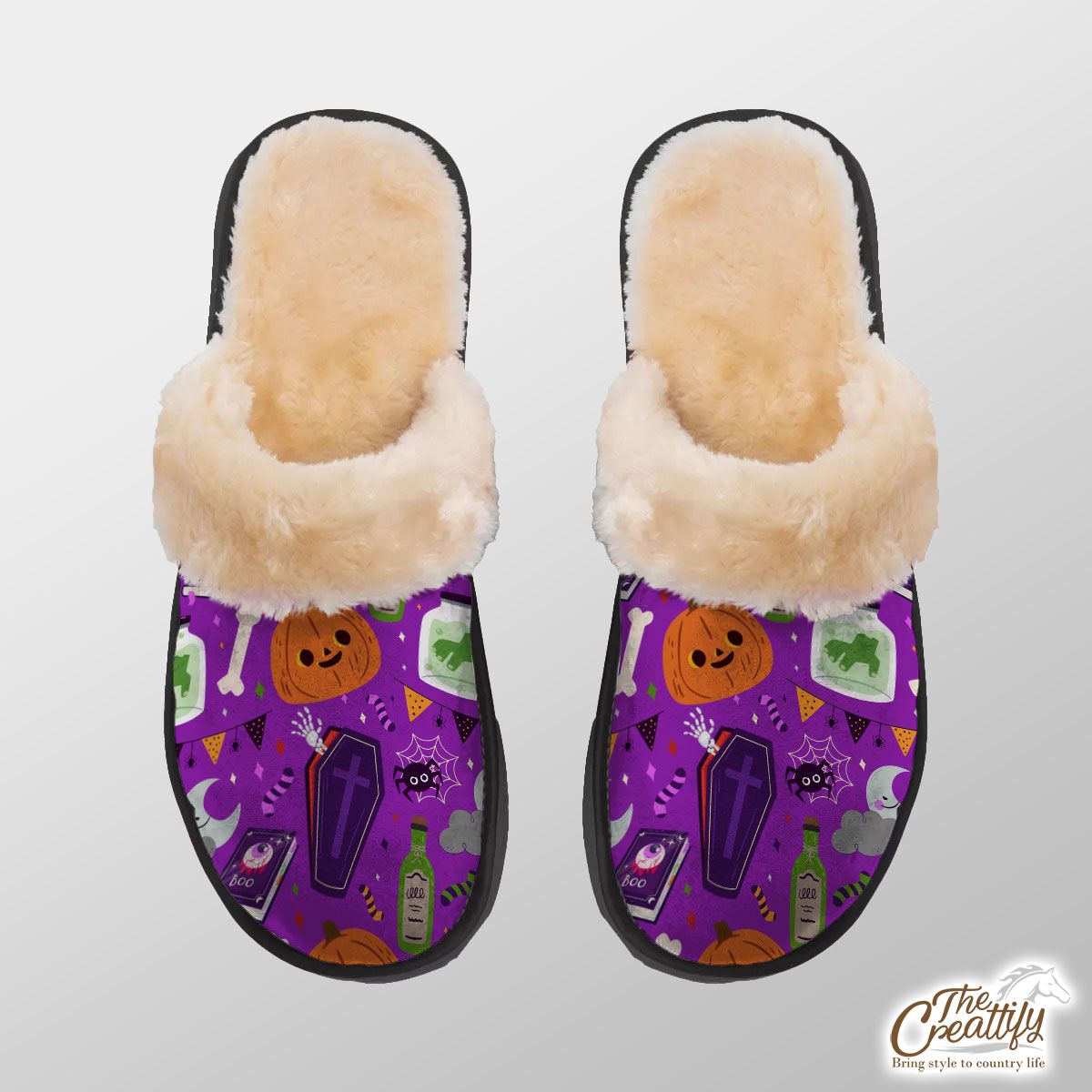 Halloween Horror Nights, Tombstone, Witch Book Purple Home Plush Slippers