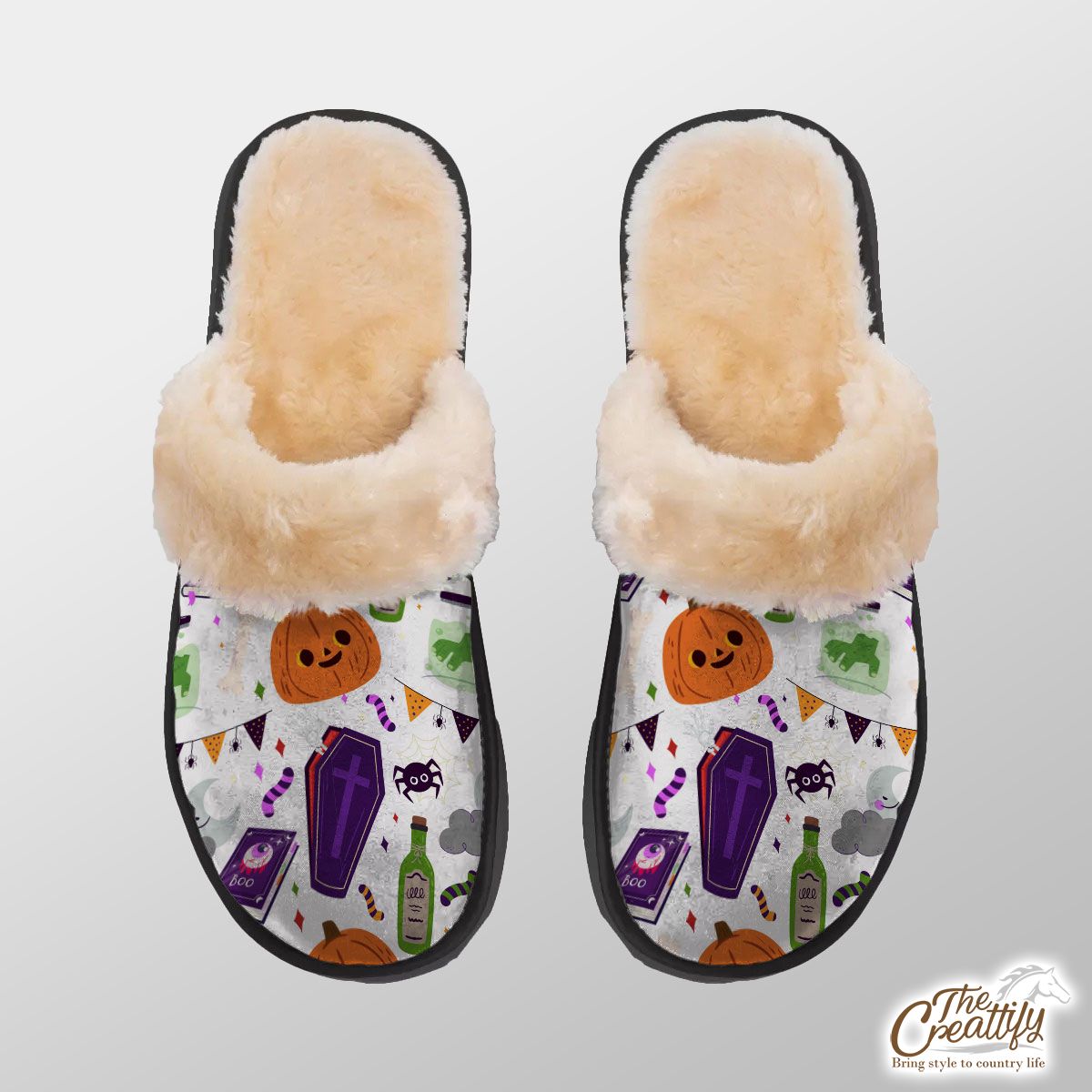 Halloween Horror Nights, Tombstone, Witch Book White Home Plush Slippers
