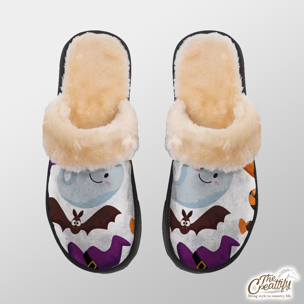 Happy Halloween With Cartoon Bat, Cute Ghost, Scary Pumpkin Face And Halloween Candy Home Plush Slippers