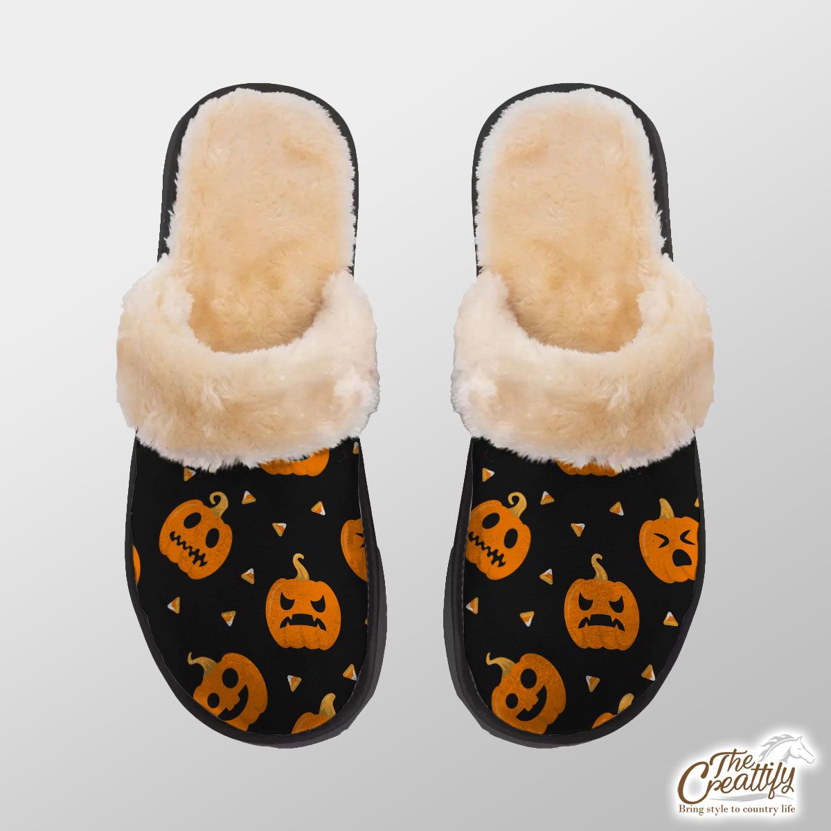 Pumpkin Halloween Scary Jack O Lantern Medium Home Plush Slippers