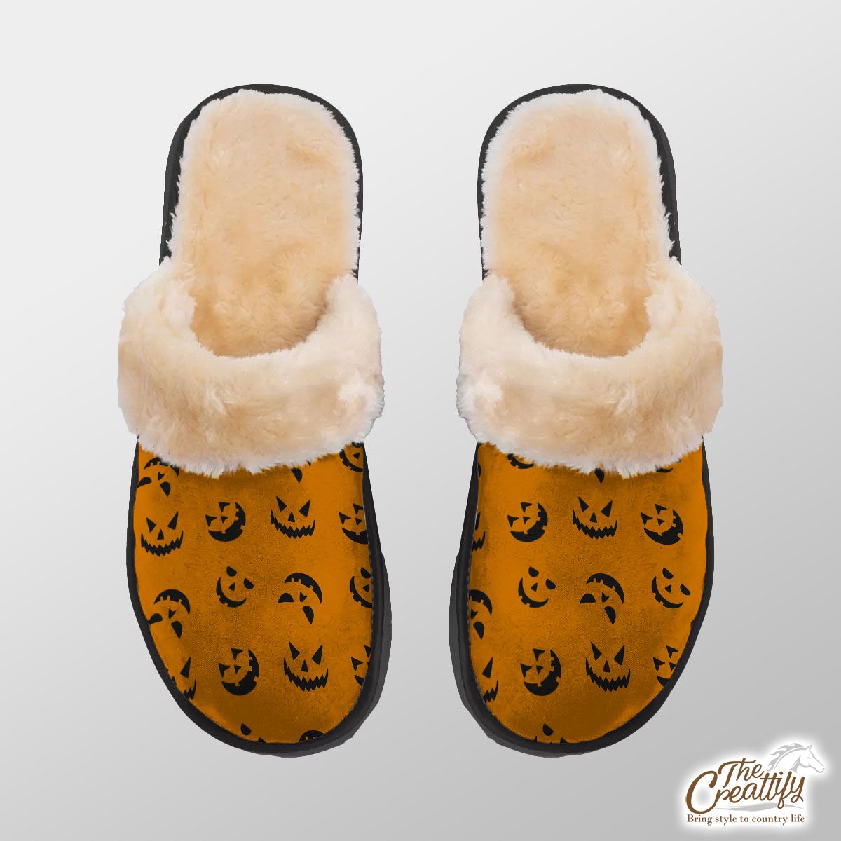 Scary Face On The Orange Color Background Halloween Home Plush Slippers