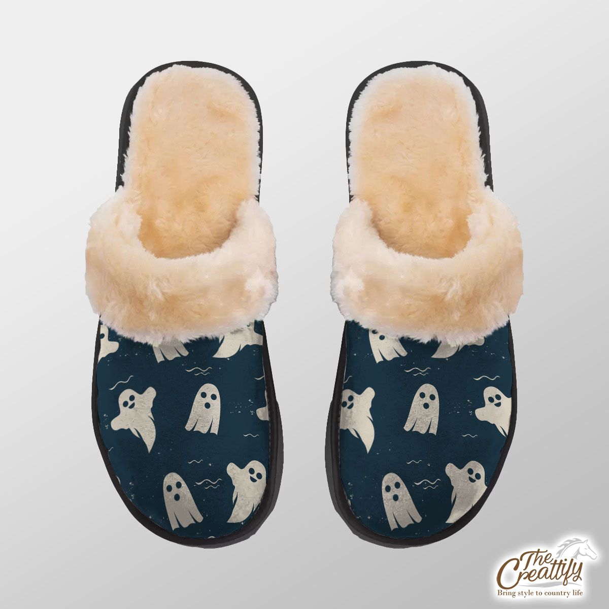 Scary Halloween Ghosts Seamless Pattern Blue Boo Home Plush Slippers