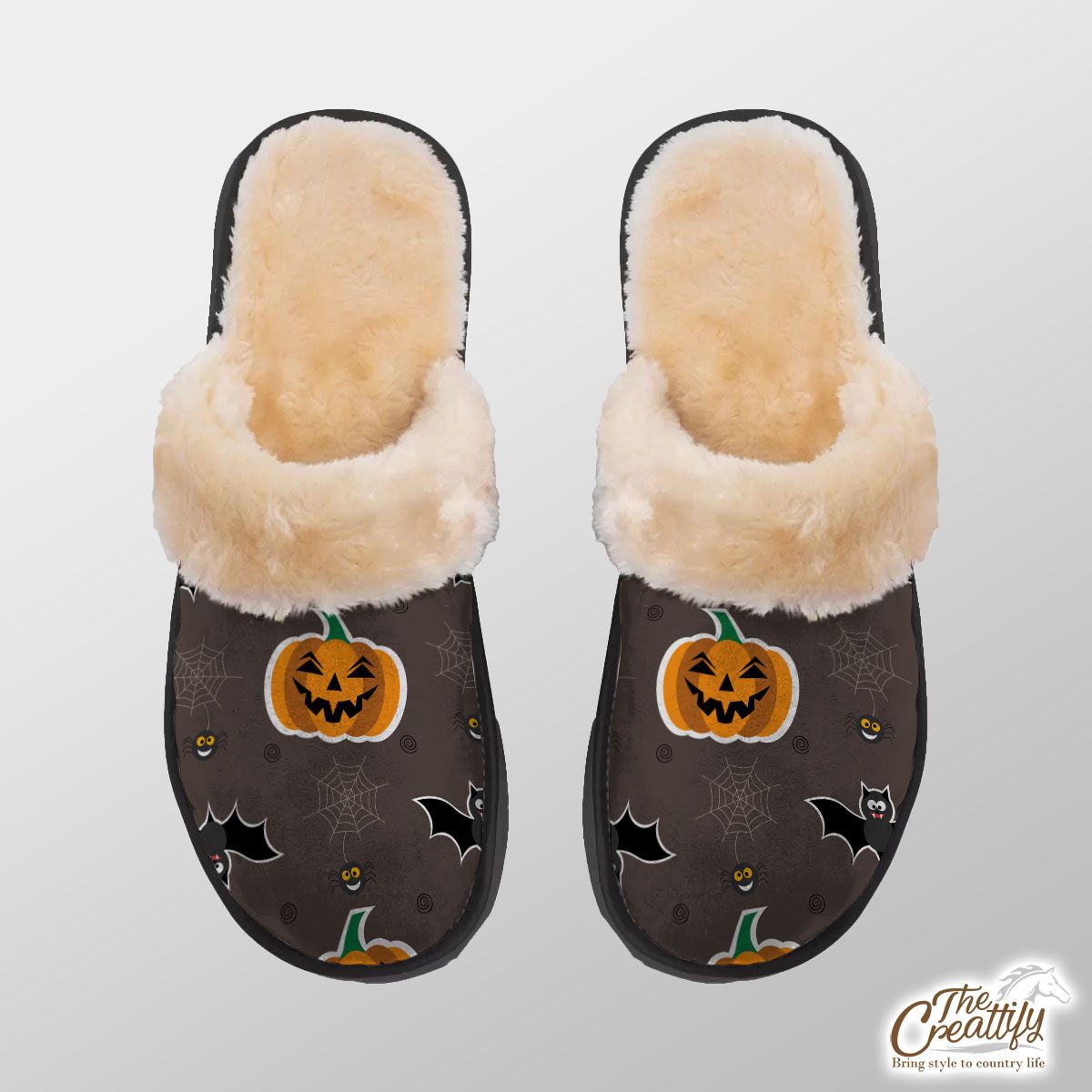 Scary Halloween With Pumpkin Jack O Lantern and Bat Home Plush Slippers