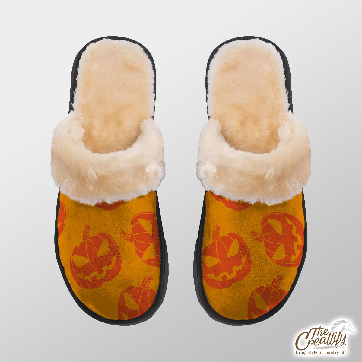 Scary Pumpkin Face On The Orange Color Background Halloween Home Plush Slippers