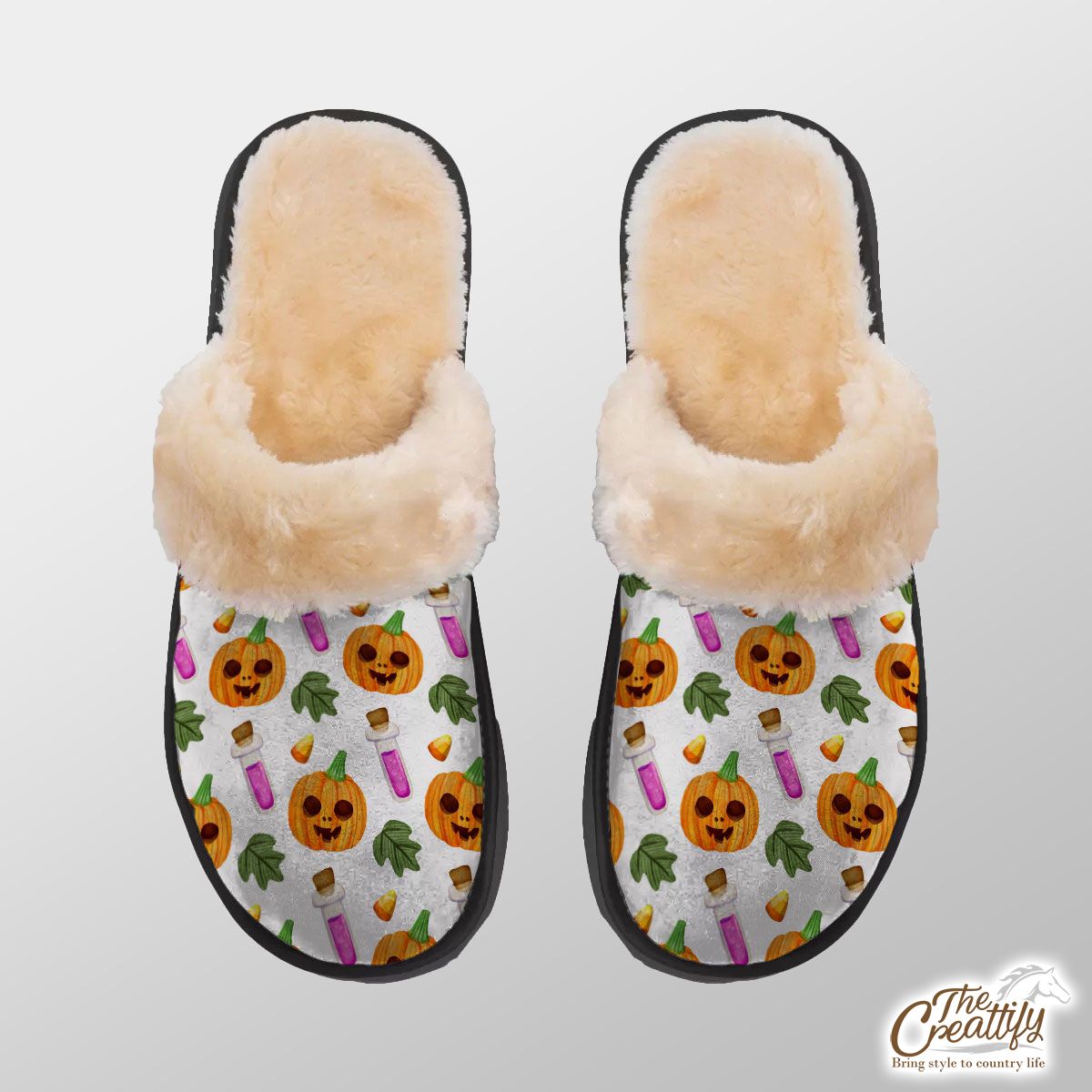 Scary Pumpkin Face and Witch Potions White Halloween Home Plush Slippers