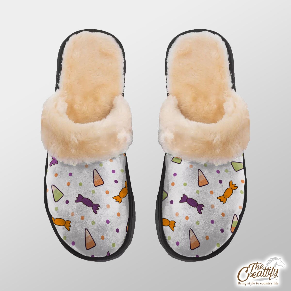 White Halloween Candy Seamless Pattern Home Plush Slippers