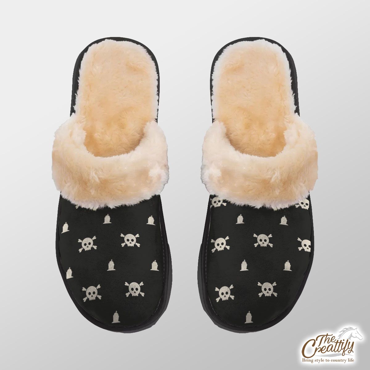 White Skull With Tombstone Halloween Home Plush Slippers