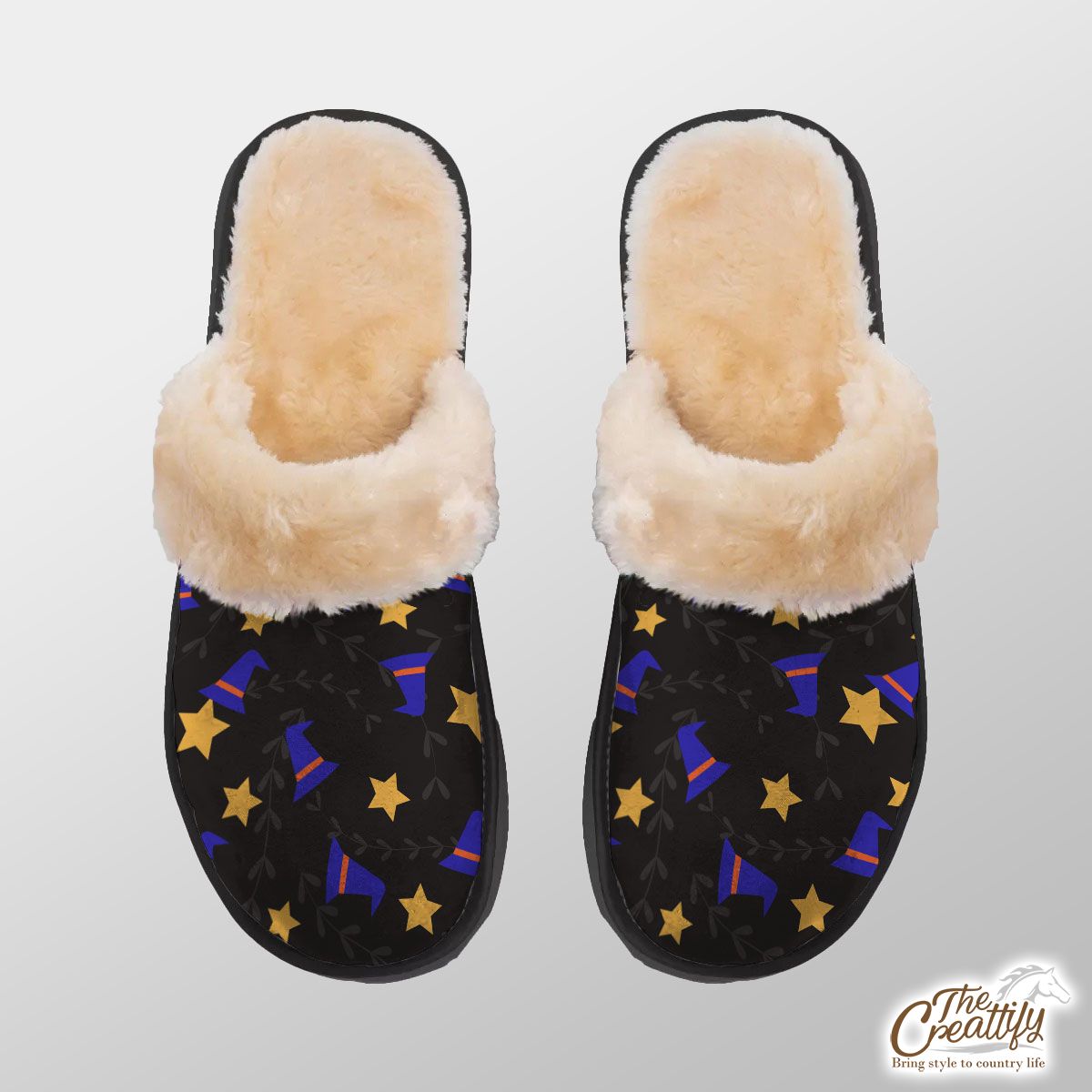 Witch Hat And Yellow Star Halloween Home Plush Slippers