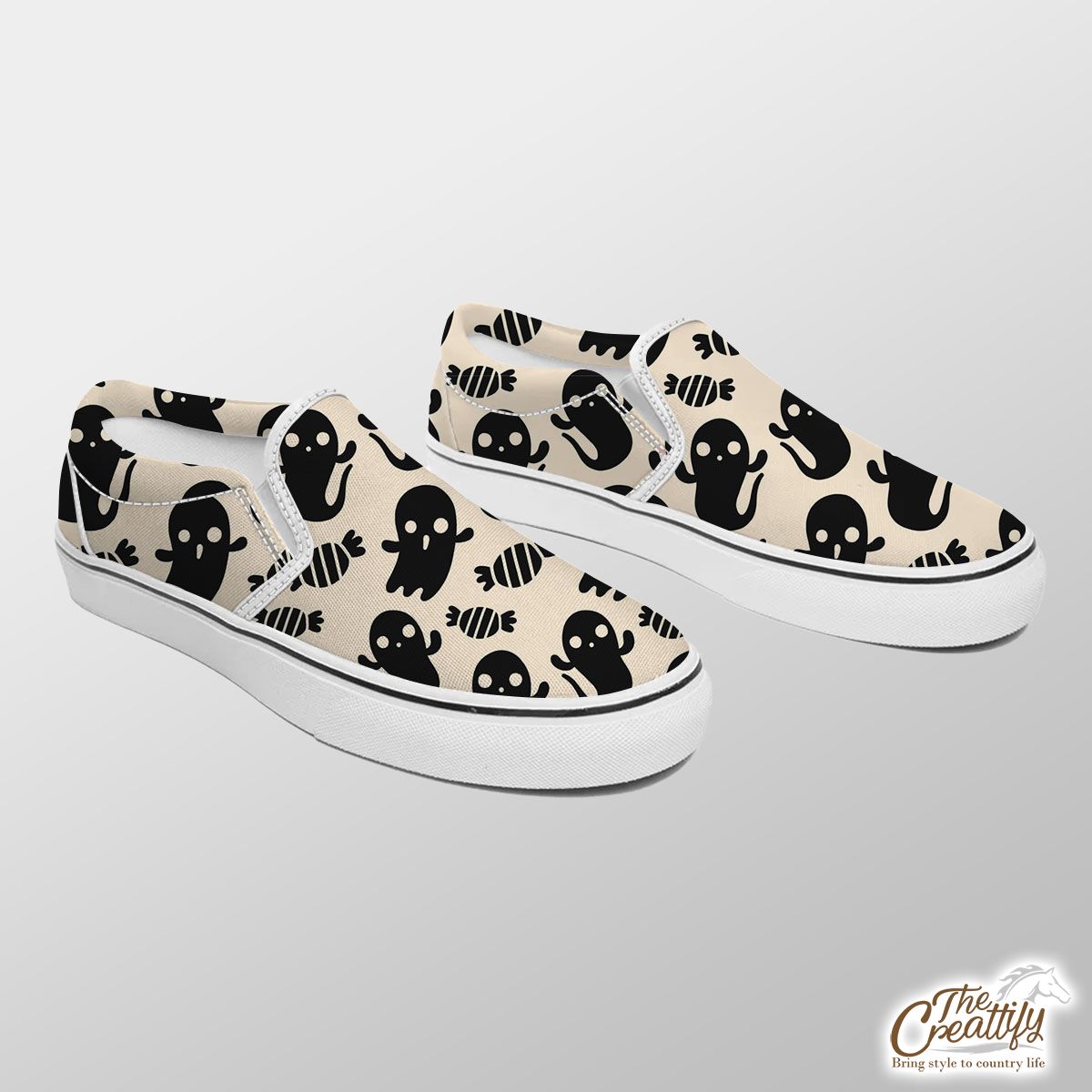 Black And White Cute Ghost With Halloween Candy Slip On Sneakers