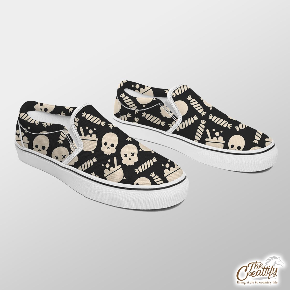 Black And White Skull Emoji With Halloween Candy Slip On Sneakers