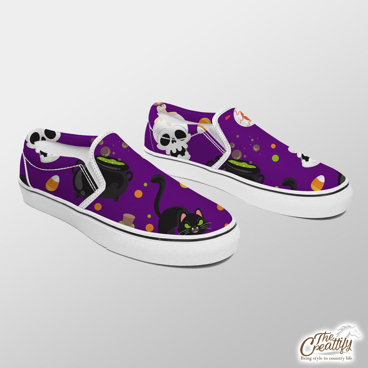 Black Cat And Skull On The Spooky Background Halloween Slip On Sneakers