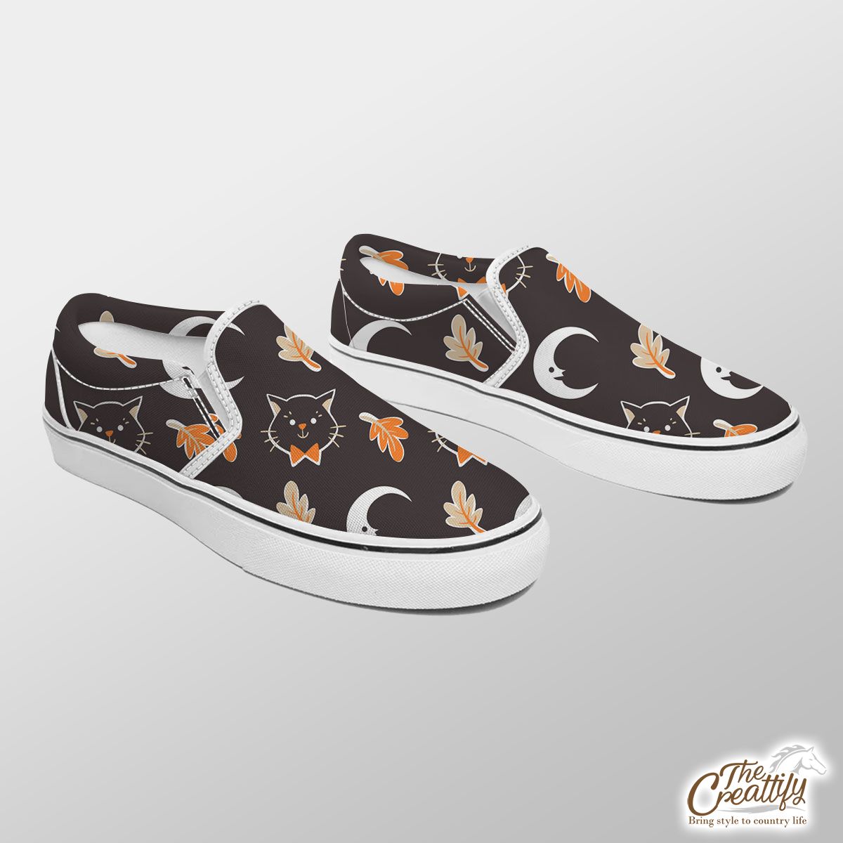 Black Cat With Fall Leaves And Moon Halloween Slip On Sneakers