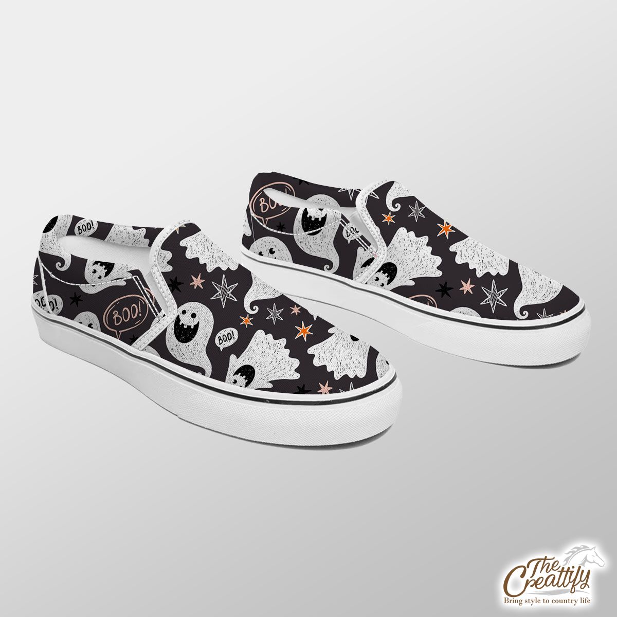 Cute Ghost On The Halloween Background Slip On Sneakers