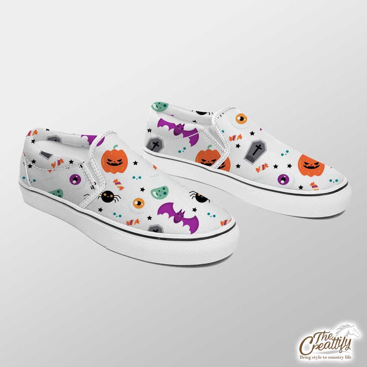 Cute Halloween Pumpkin Face, Jack O Lantern, Halloween Skeleton, Wicked Witches, Spider Slip On Sneakers