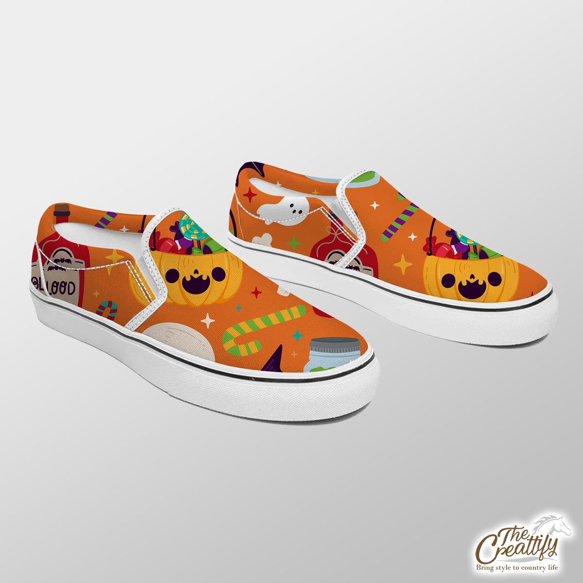 Cute Pumpkin, Jack O Lantern Full of Candy, Witch Potions and Bat Orange Halloween Slip On Sneakers