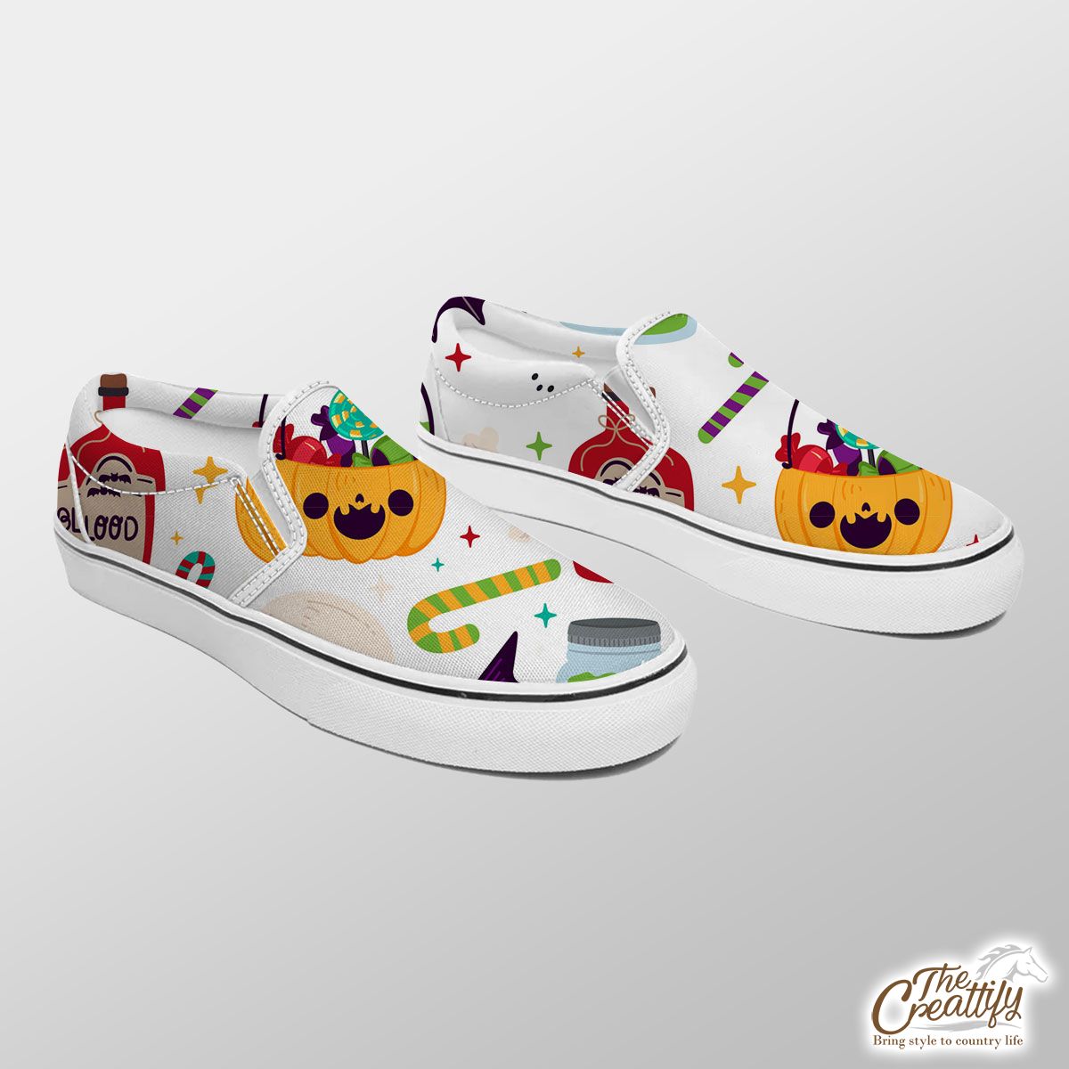 Cute Pumpkin, Jack O Lantern Full of Candy, Witch Potions and Bat White Halloween Slip On Sneakers