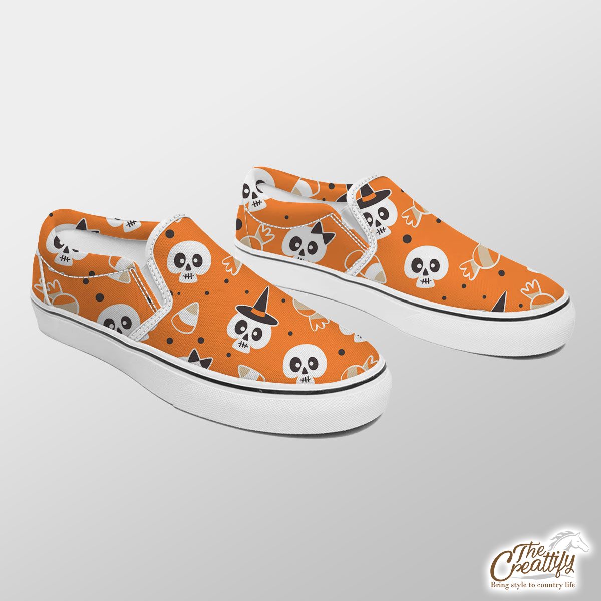 Halloween Candy Cartoon Skull With Witch Hat On Orange Color Background Slip On Sneakers
